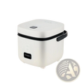 White electric rice cooker with black accents and handle featuring a 1.2l capacity and nonstick liner for steaming