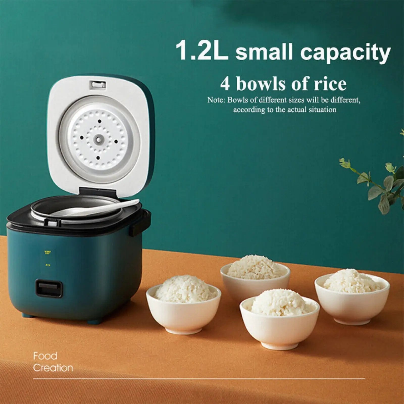 Teal and white 1.2l electric rice cooker with nonstick liner digital display and rounded lid for steaming and cooking