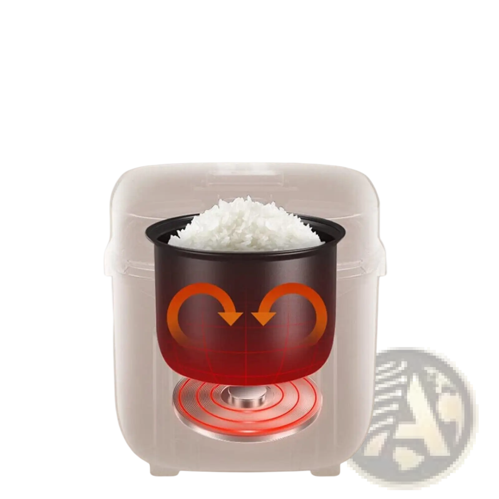 Black rice cooker inner pot with glossy finish and orange heat distribution graphics for even cooking