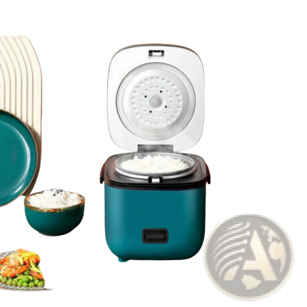 Teal-colored compact 1.2l electric rice cooker with white lid black accents nonstick liner modern design