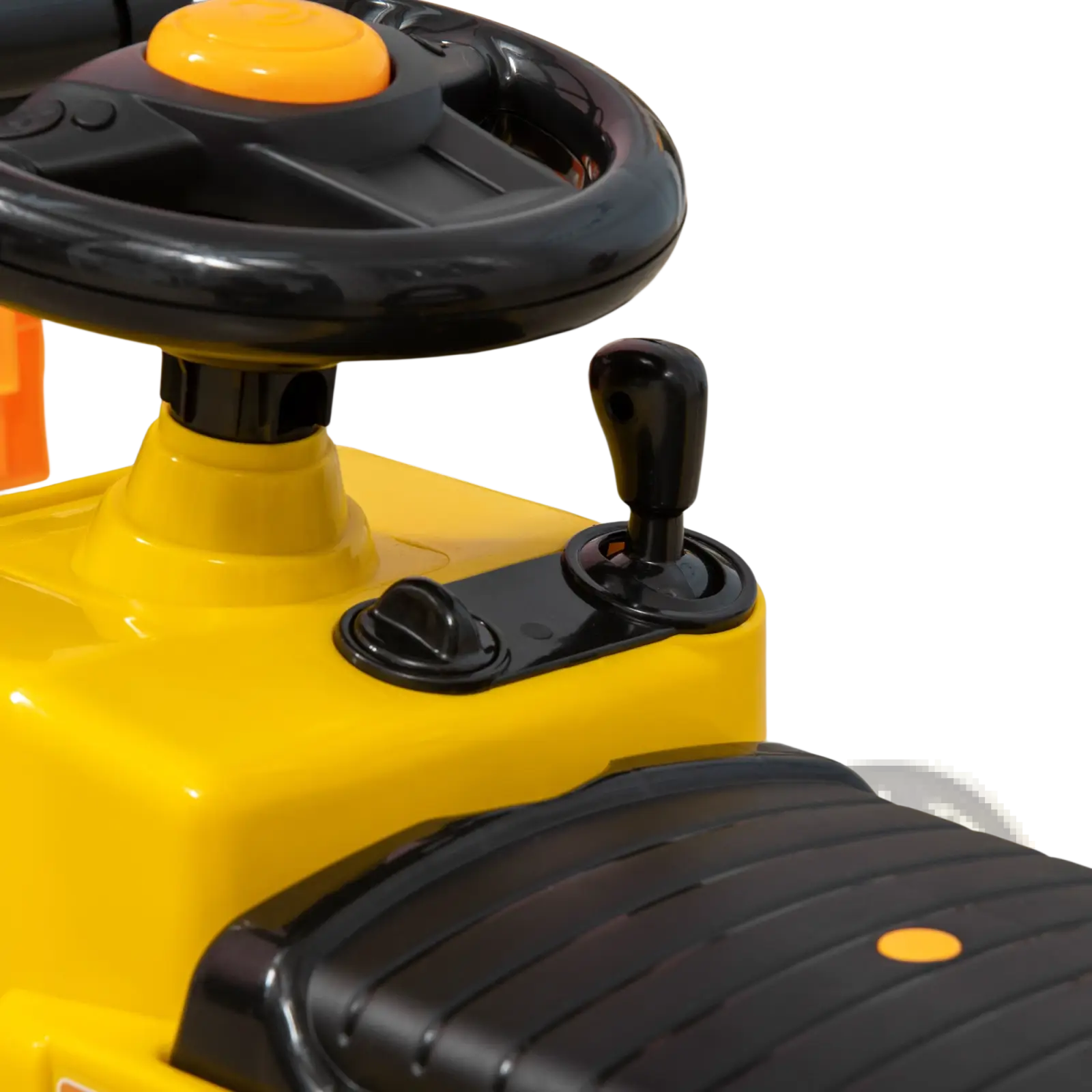 Yellow plastic ride-on forklift toy for kids with black steering wheel gear shift storage and horn features