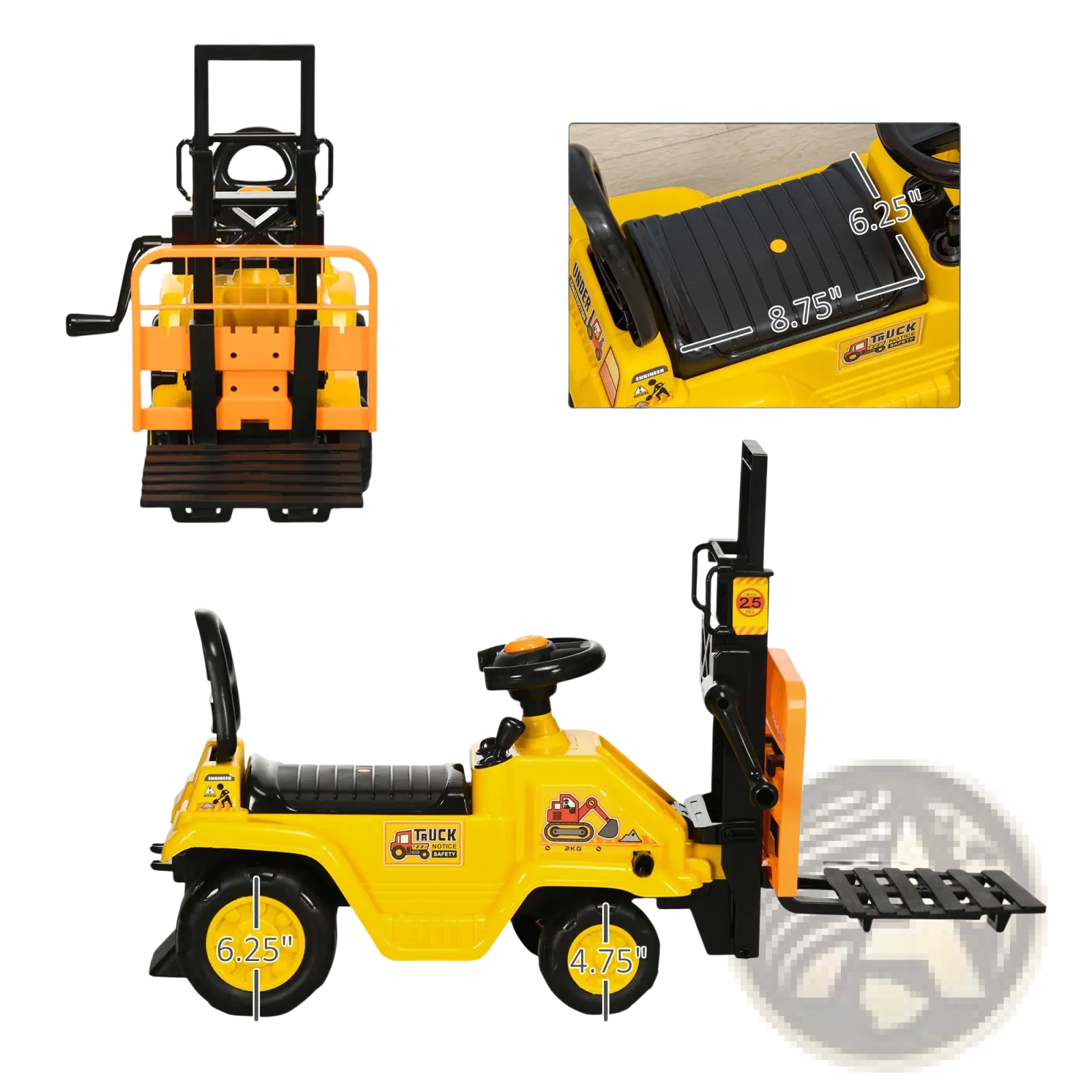 Yellow and black ride-on forklift toy for kids with sturdy plastic body, detachable pallet forks, steering wheel, and horn