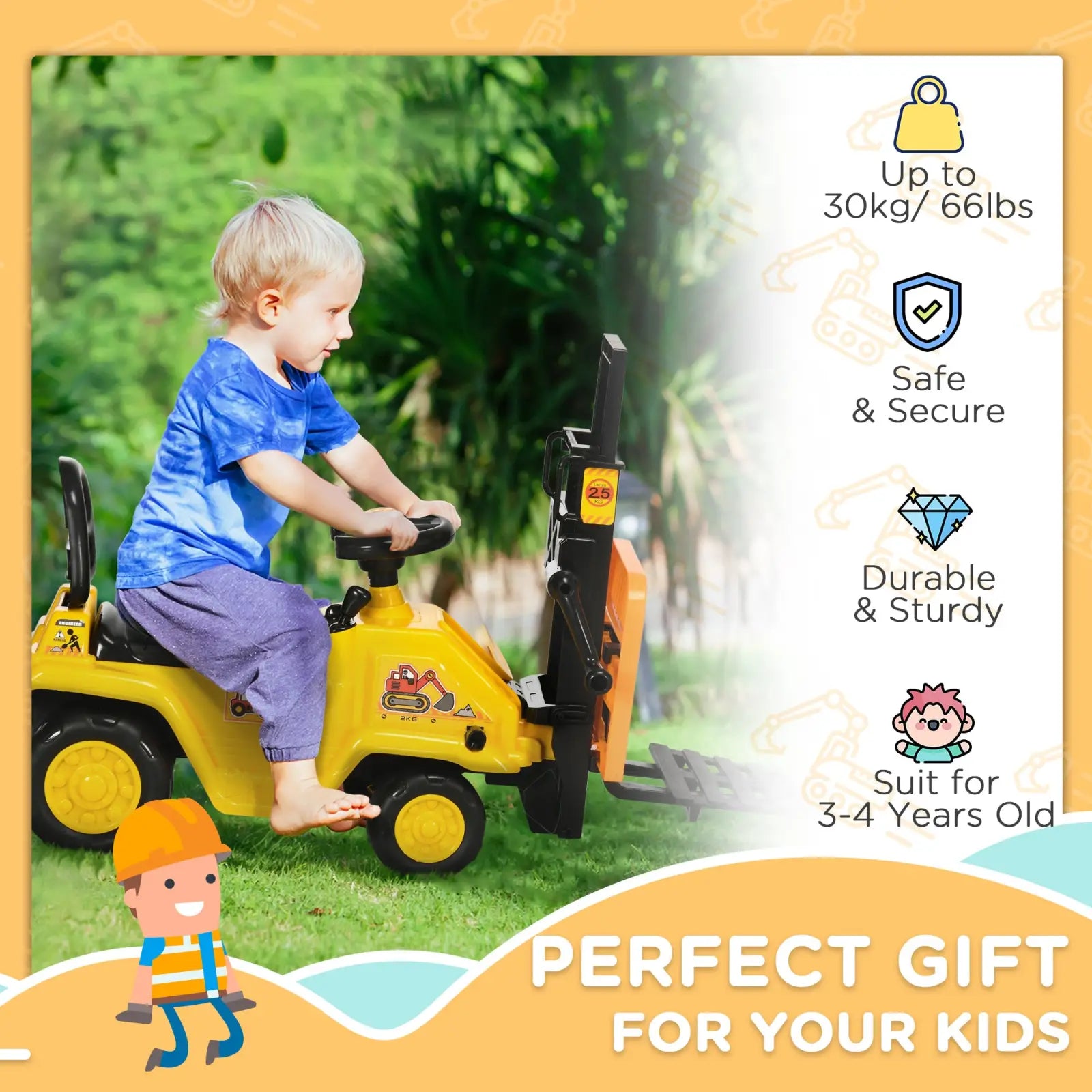 Yellow and black plastic ride-on forklift toy for kids with storage and horn designed for children aged 3 to 4 years