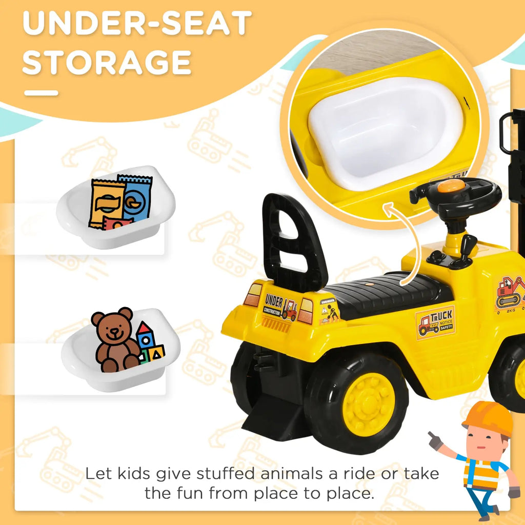 Yellow plastic ride-on forklift toy for kids with black handlebars wheels white under-seat storage compartment and horn