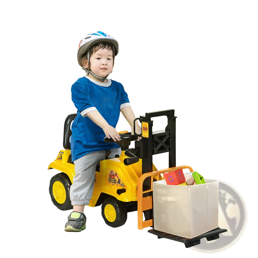 Yellow plastic ride-on forklift toy for kids with black handle orange forks carrying beige storage bin and horn
