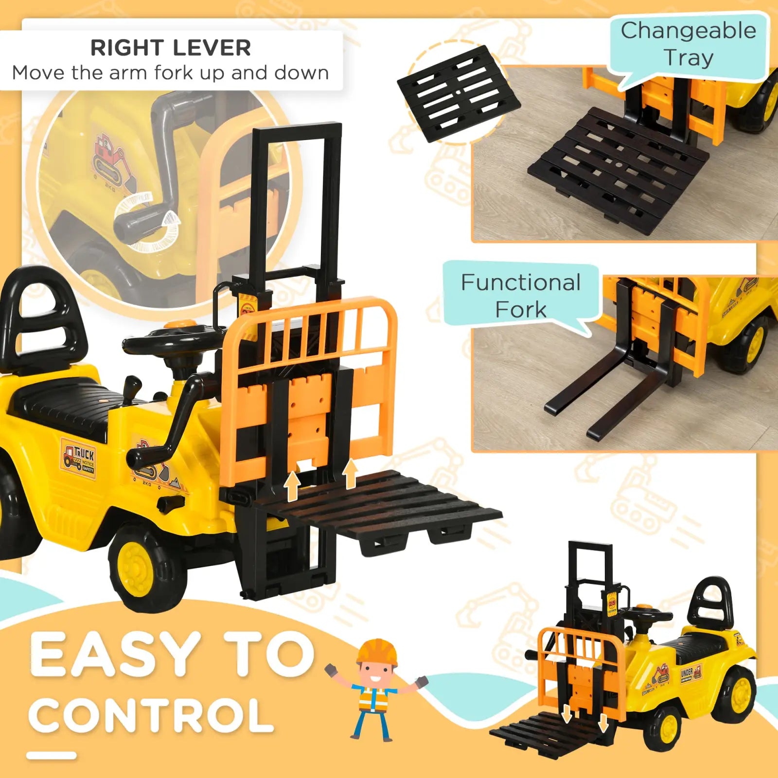 Yellow and black ride-on forklift toy for kids with functional fork changeable tray storage and horn features