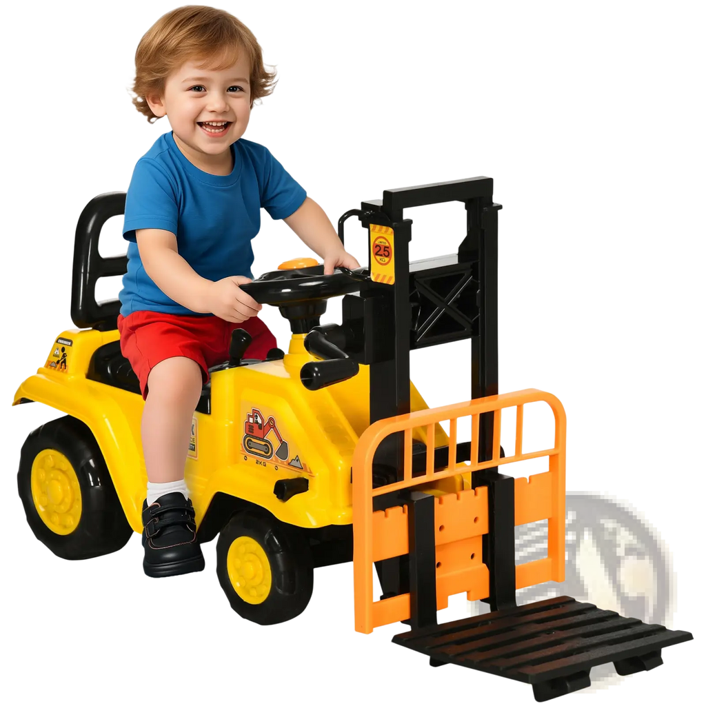 Yellow and black plastic ride-on forklift toy for kids with orange forks storage compartment and horn function