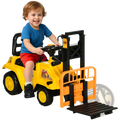 Yellow and black plastic ride-on forklift toy for kids with orange forks storage compartment and horn function