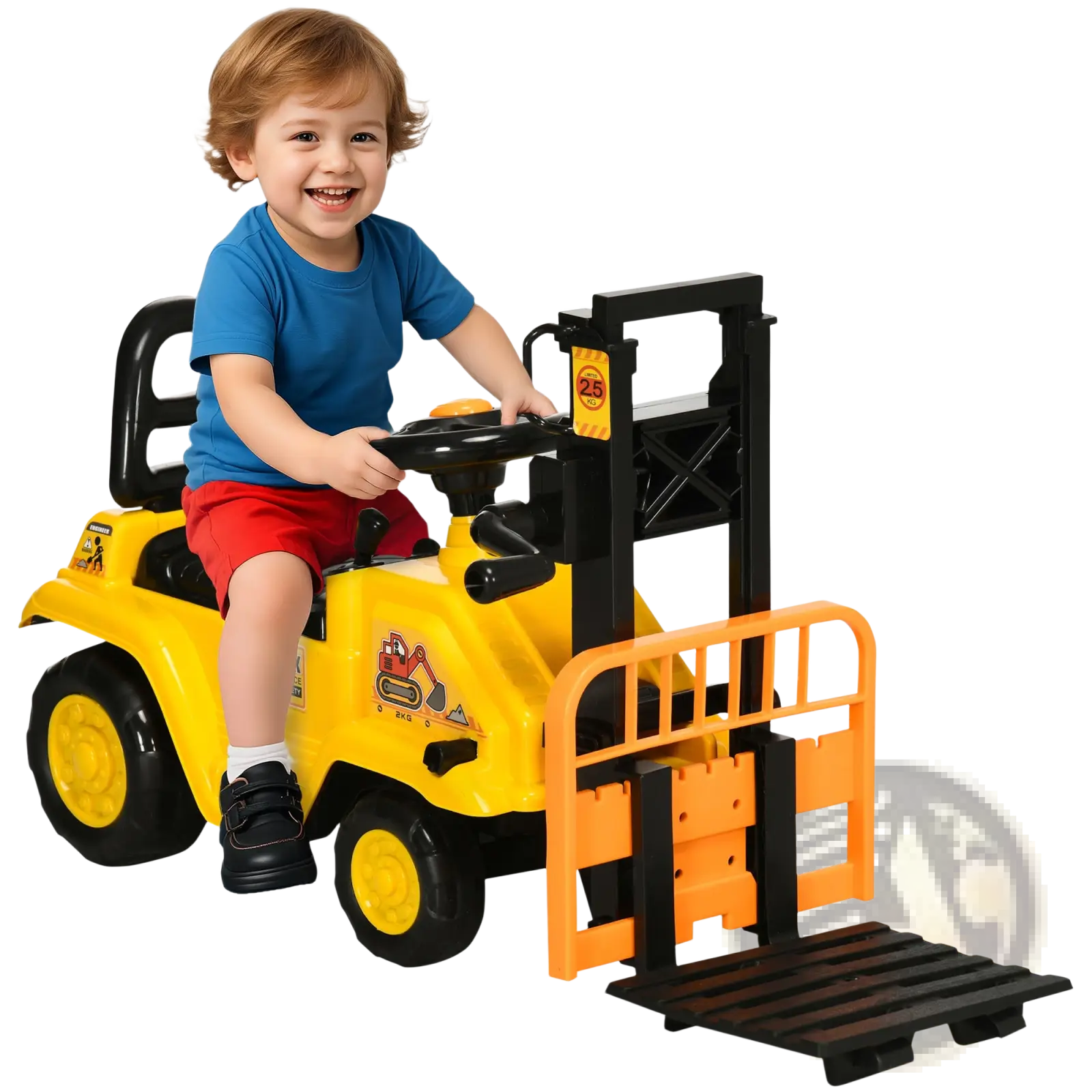 Yellow and black plastic ride-on forklift toy for kids with orange forks storage compartment and horn function