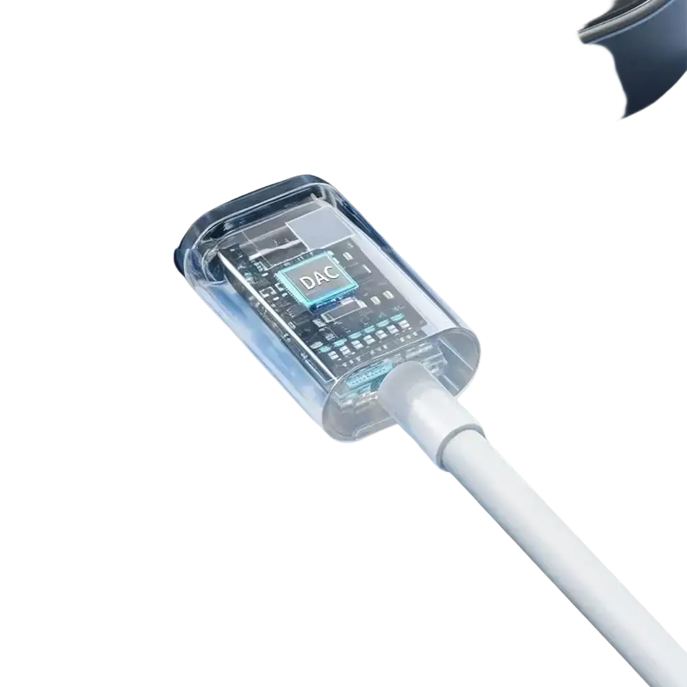 Clear plastic housing showing a circuit board with dac chip attached to white cable in riksoin wired usb c earbuds with microphone