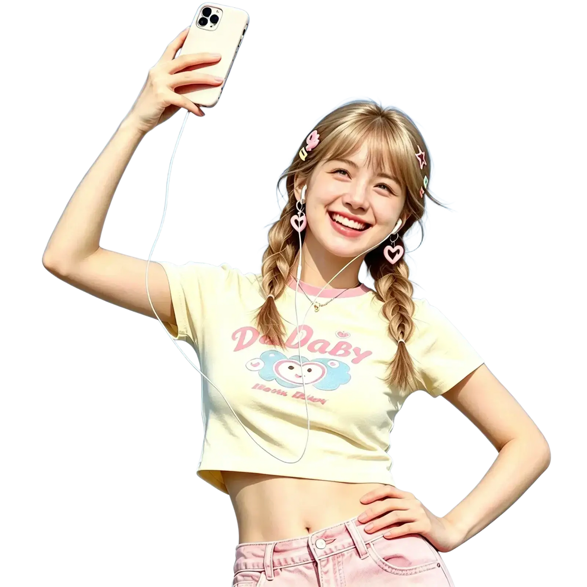 Pale yellow cropped t-shirt with cartoon monkey and pink dadaby text shown alongside riksoin wired usb c earbuds with microphone
