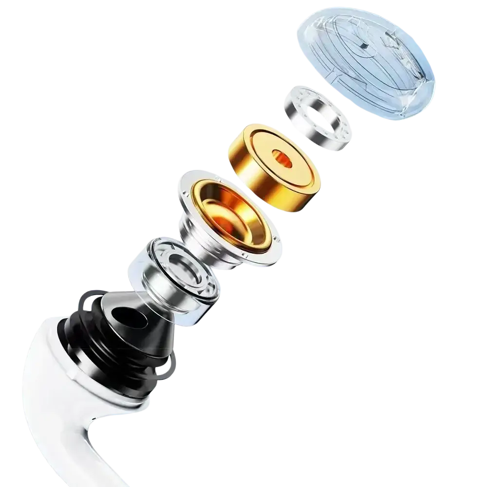 Riksoin wired usb c earbuds with microphone white earbud showing gold and silver internal components disassembled view
