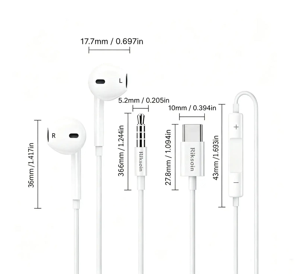 White Riksoin wired USB c earbuds with microphone, inline controls, and USB-C charging cable for clear audio use