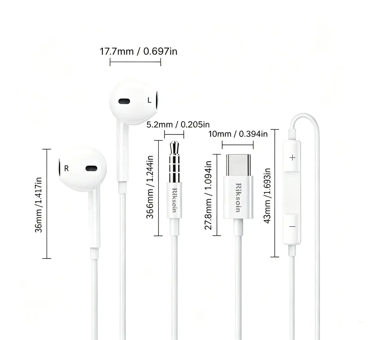 White Riksoin wired USB c earbuds with microphone, inline controls, and USB-C charging cable for clear audio use