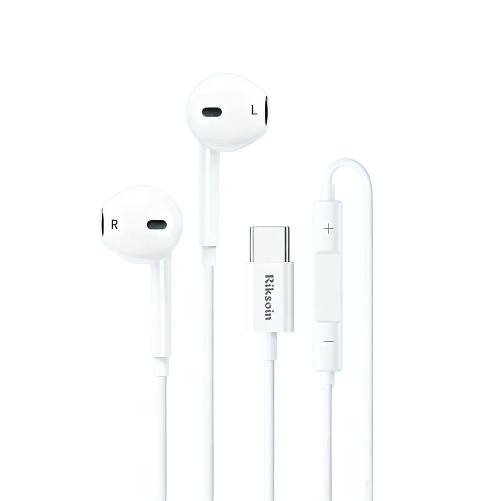 White riksoin wired usb c earbuds with inline controls and microphone for clear audio and hands free use