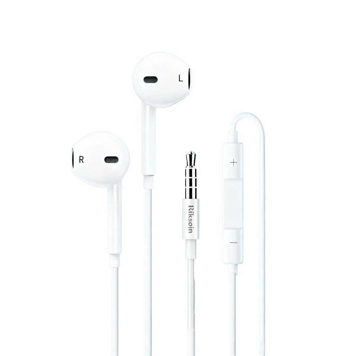 White riksoin wired usb c earbuds with microphone featuring built-in controls and a 3.5mm audio jack