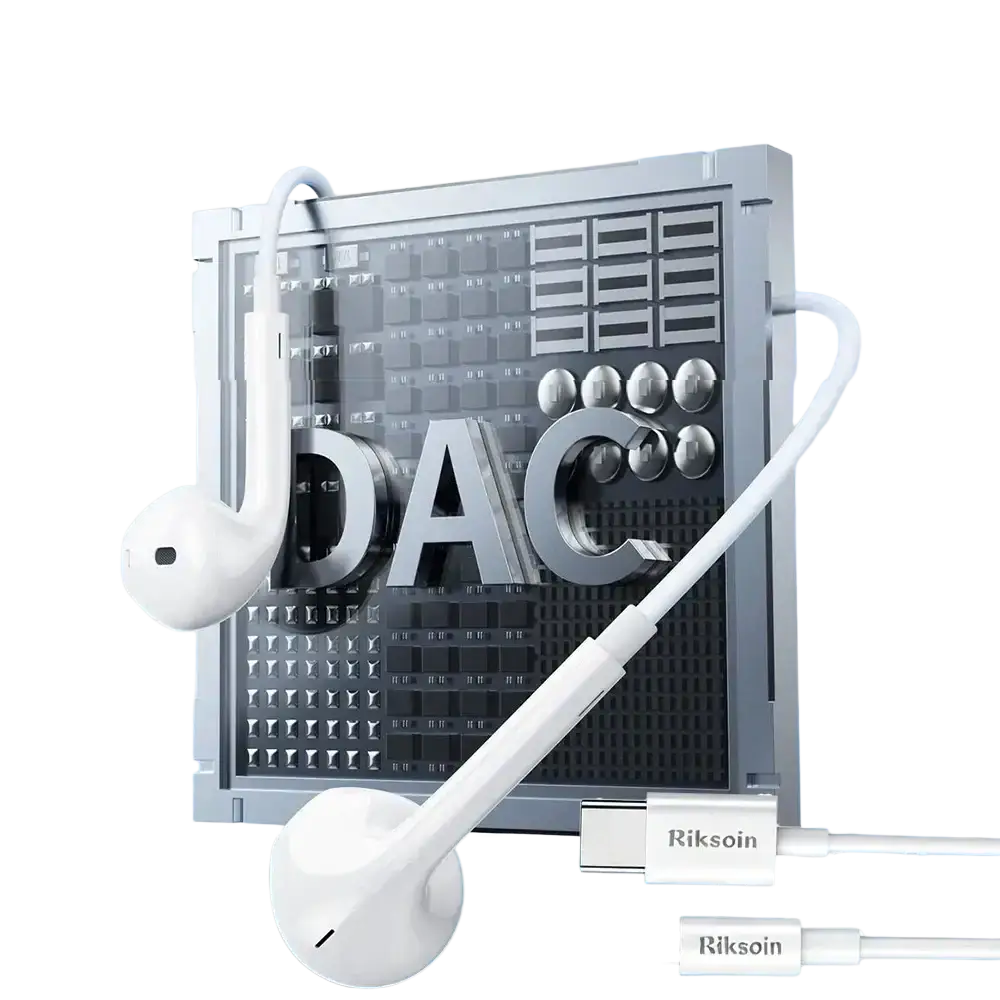 White riksoin wired usb c earbuds with microphone featuring sleek design and metallic silver dac device in background