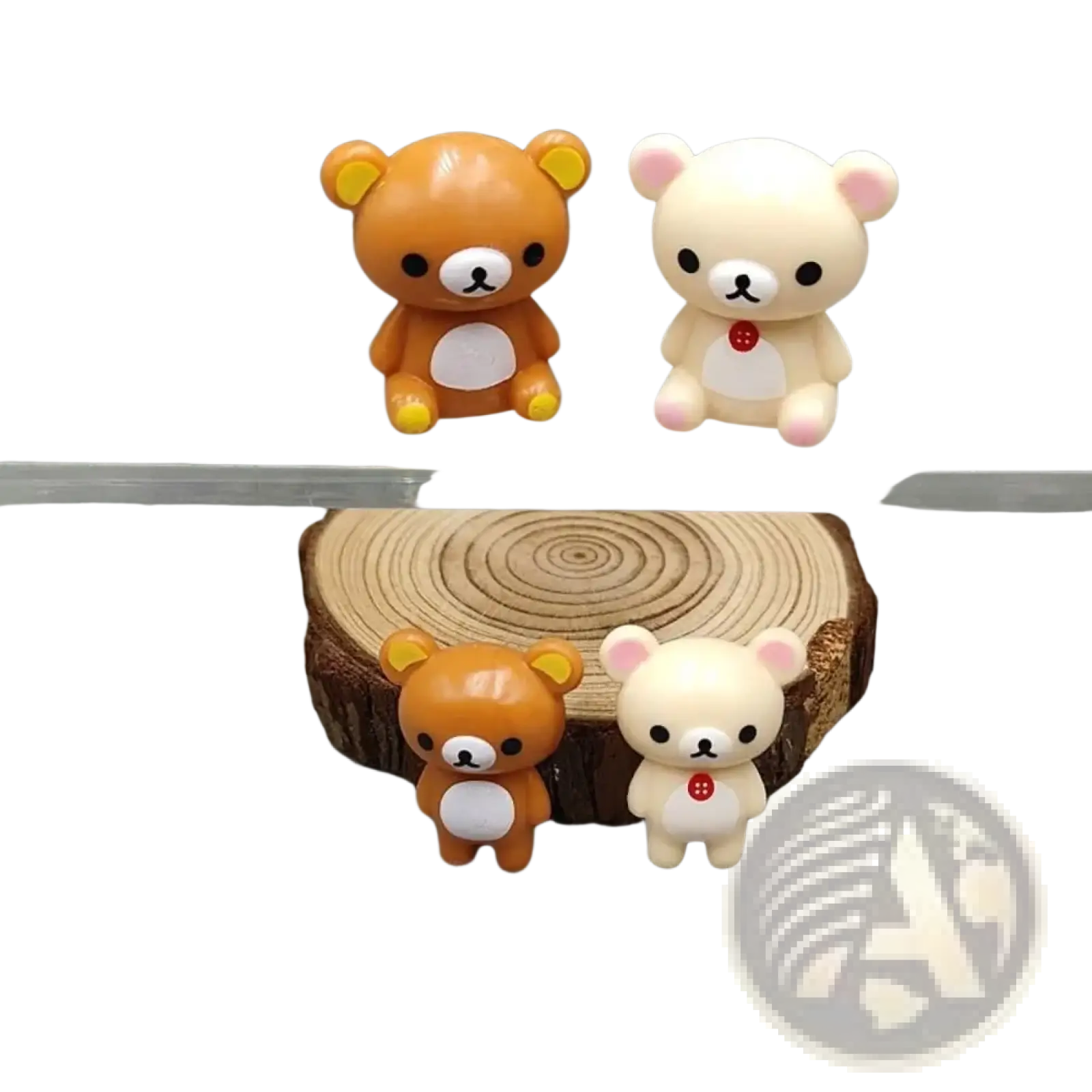 Two adorable rilakkuma bear keychain figurines in warm orange and soft cream with glossy plastic and embroidered details