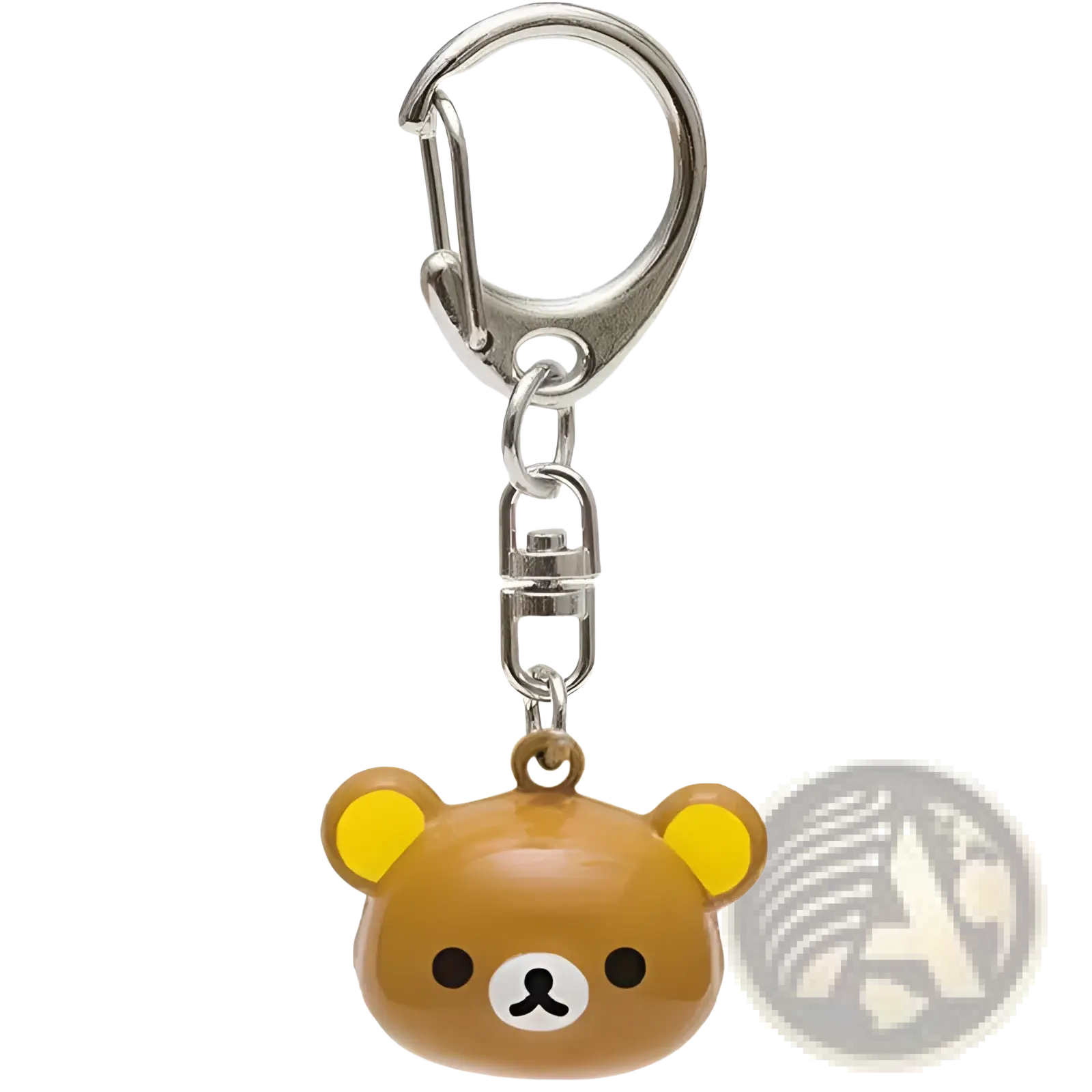 A brown rilakkuma bear keychain with yellow ears and white muzzle featuring glossy plastic enamel charm detailing