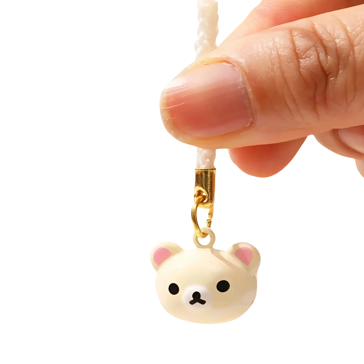 Cute cream-colored rilakkuma bear keychain charm with pink inner ears black eyes and gold-toned clasp in enamel set