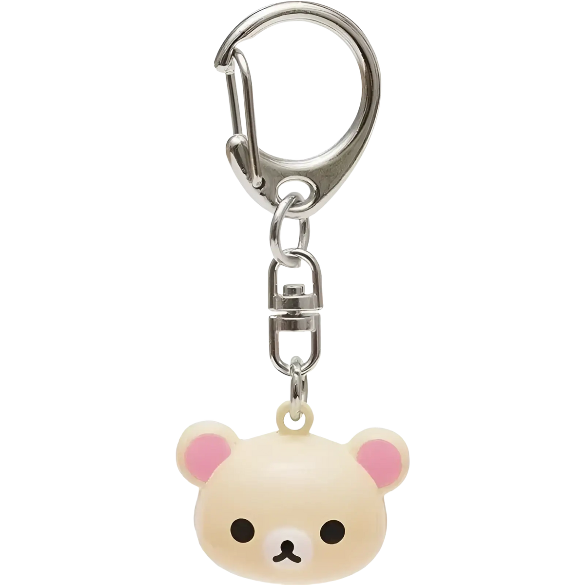 Cream-colored rilakkuma bear keychain set with pink inner ears black eyes and silver-toned metal clip attachment