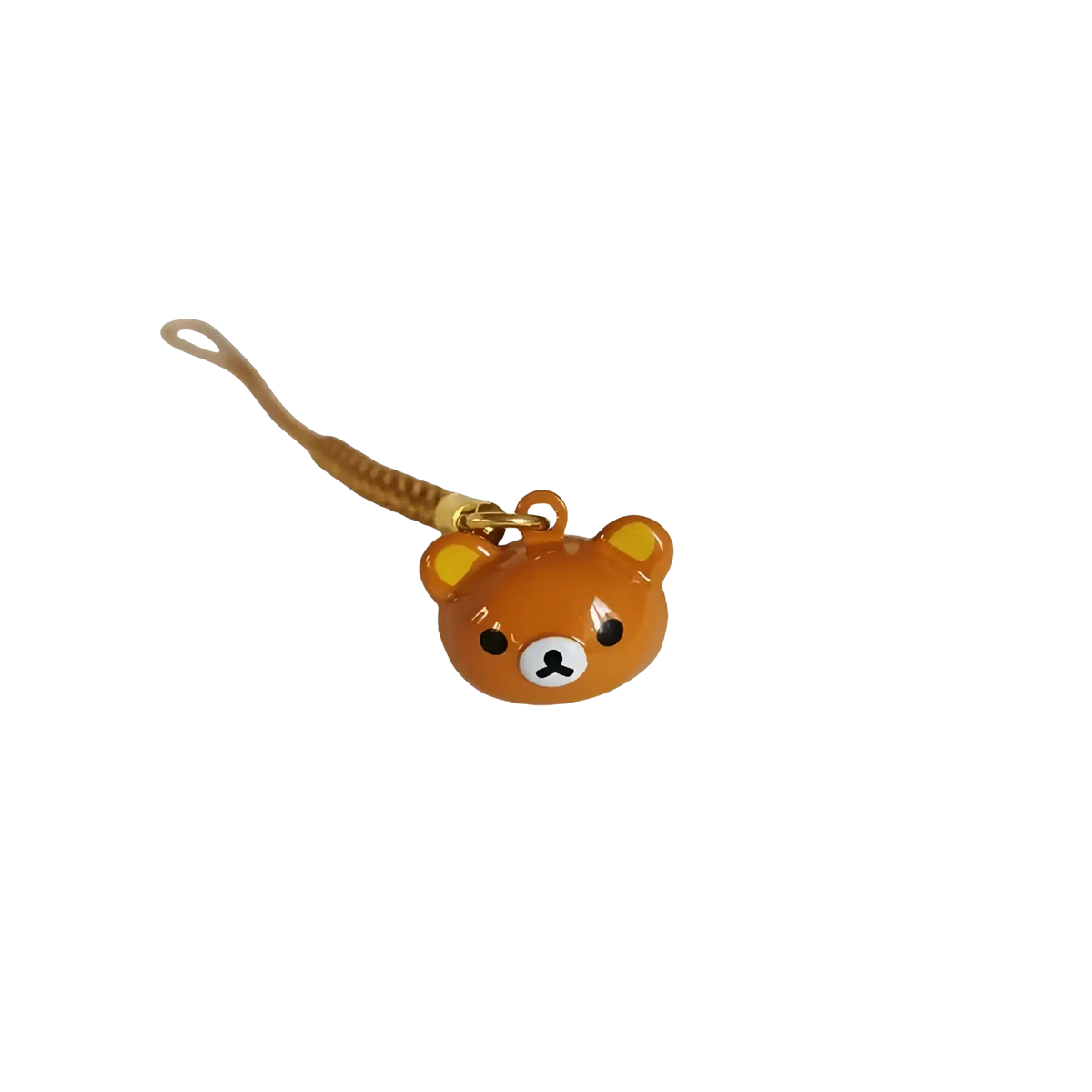Glossy orange rilakkuma bear enamel charm with black eyes and yellow ears on braided tan cord keychain set