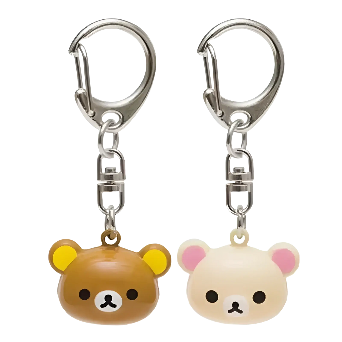Two rilakkuma bear keychains in brown with yellow ears and cream with pink ears featuring glossy plastic faces