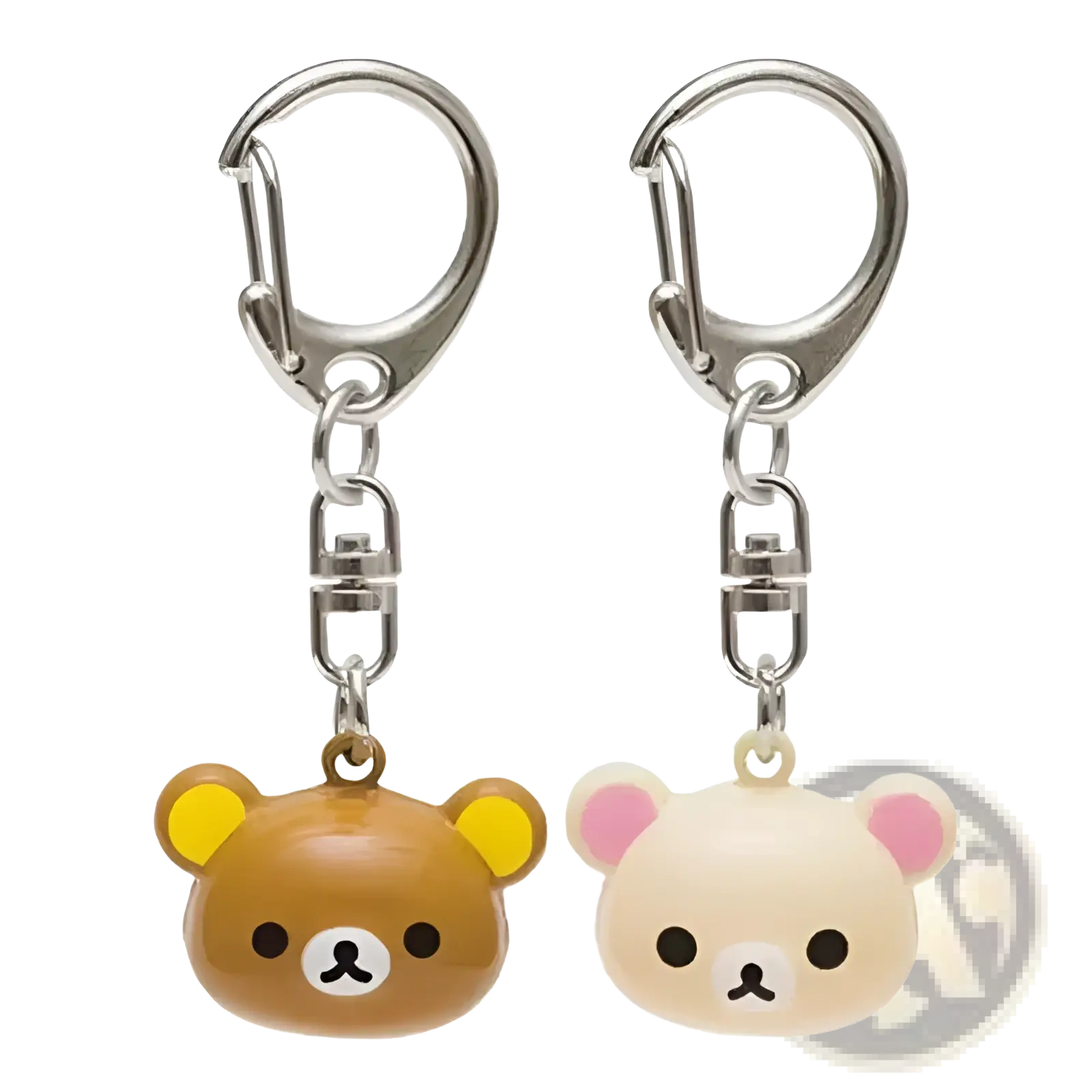 Two rilakkuma bear keychains in brown with yellow ears and cream with pink ears featuring glossy plastic faces