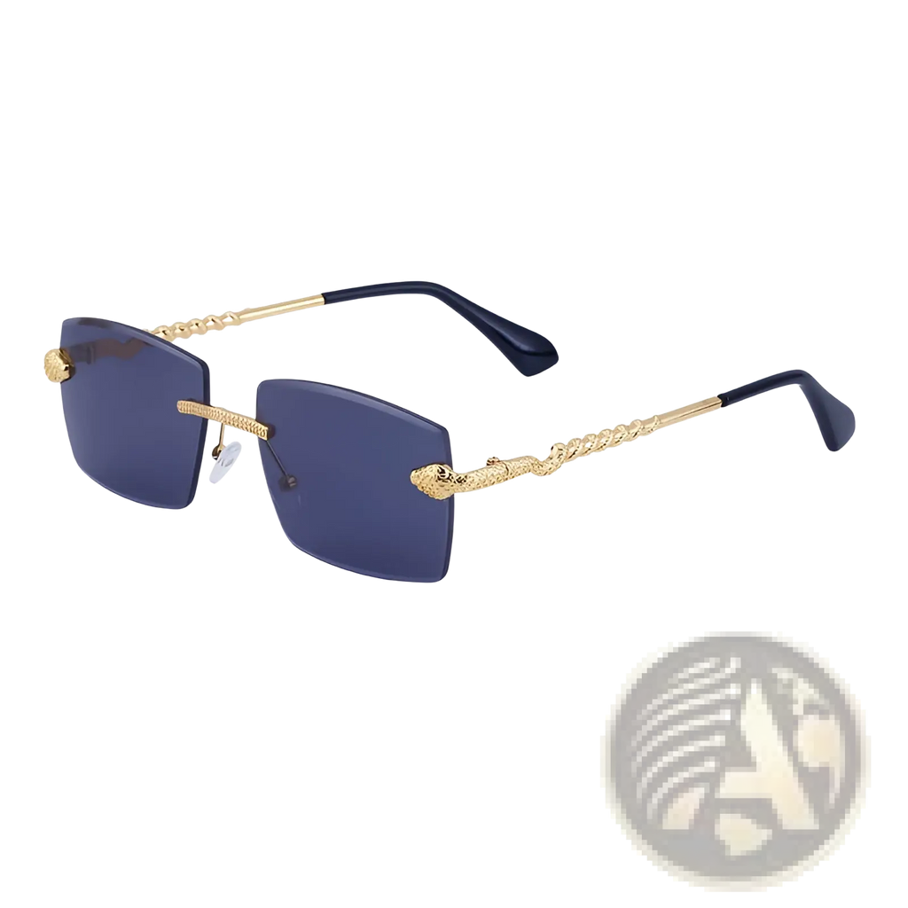 Rimless sunglasses for men gold snake embellishment with dark blue rectangular lenses and twisted metal frames uv400 protection