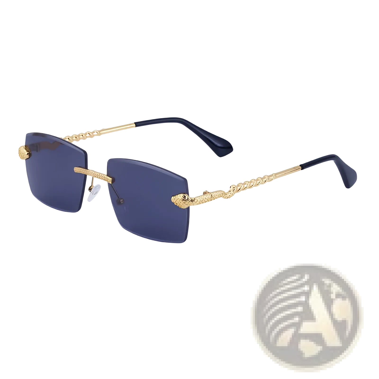 Rimless sunglasses for men gold snake embellishment with dark blue rectangular lenses and twisted metal frames uv400 protection