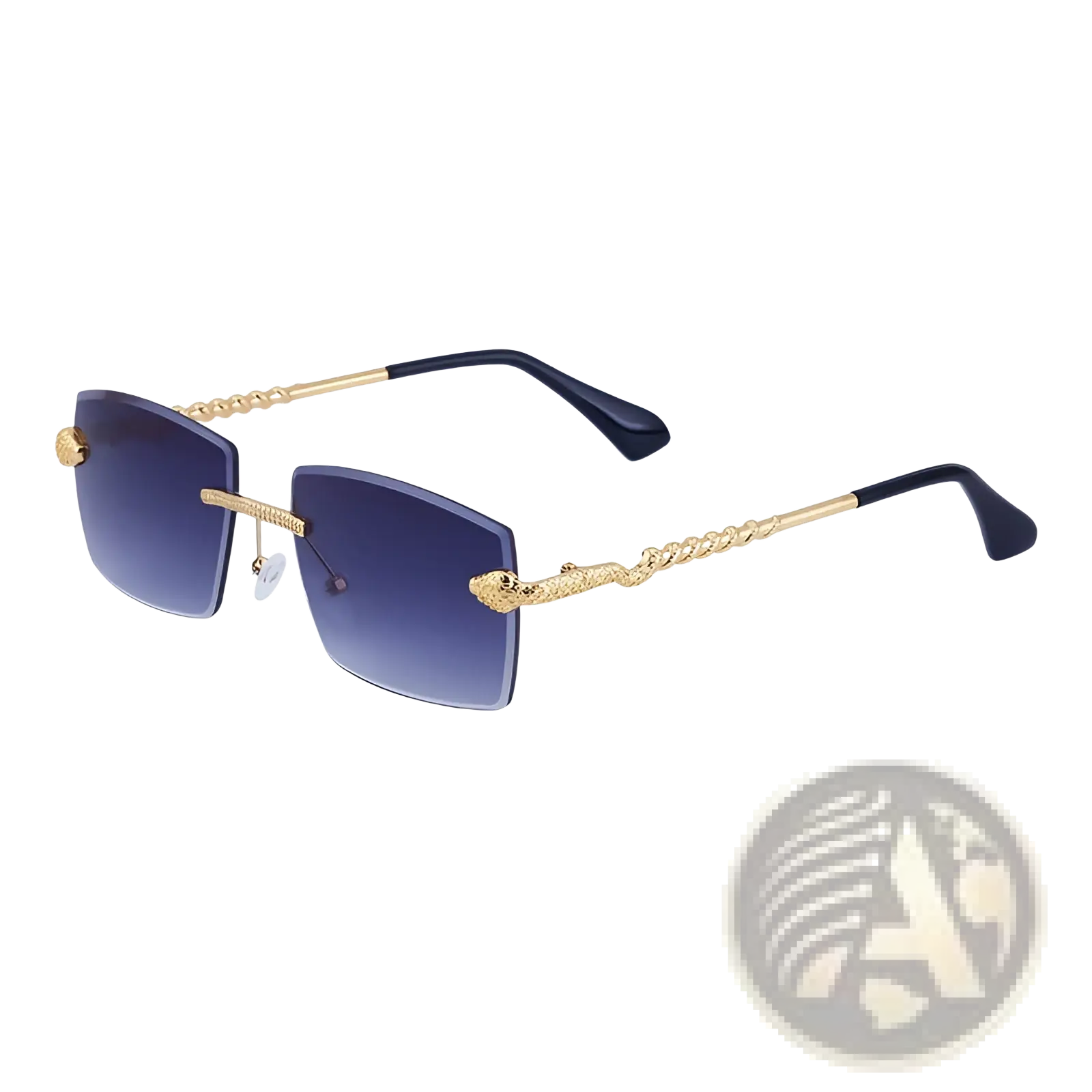 Rimless sunglasses for men with gold-toned snake embellishments twisted metal frames and gradient blue uv400 lenses
