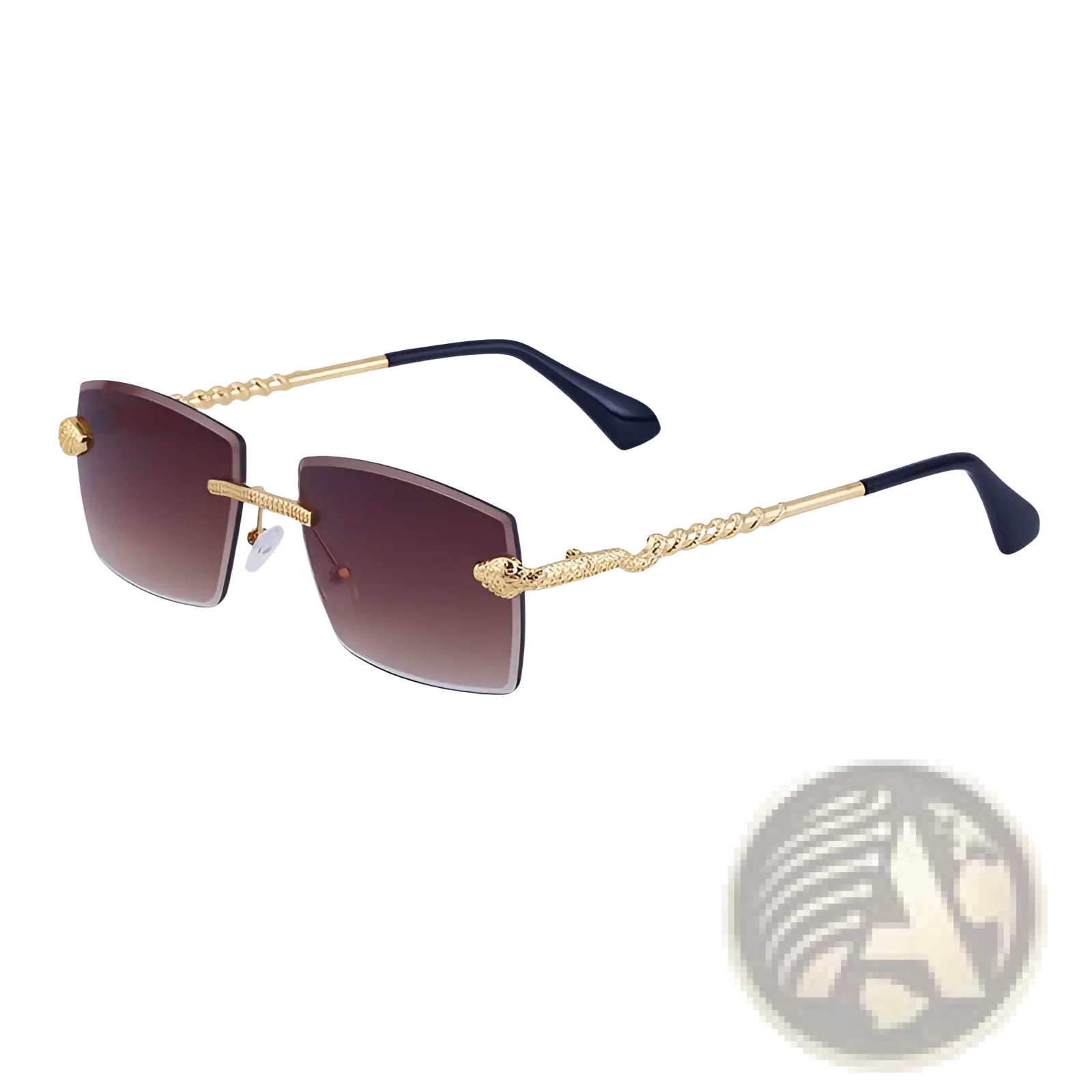 Rimless gold-toned sunglasses for men with snake embellishments, gradient brown lenses, and black temple tips UV400 protection