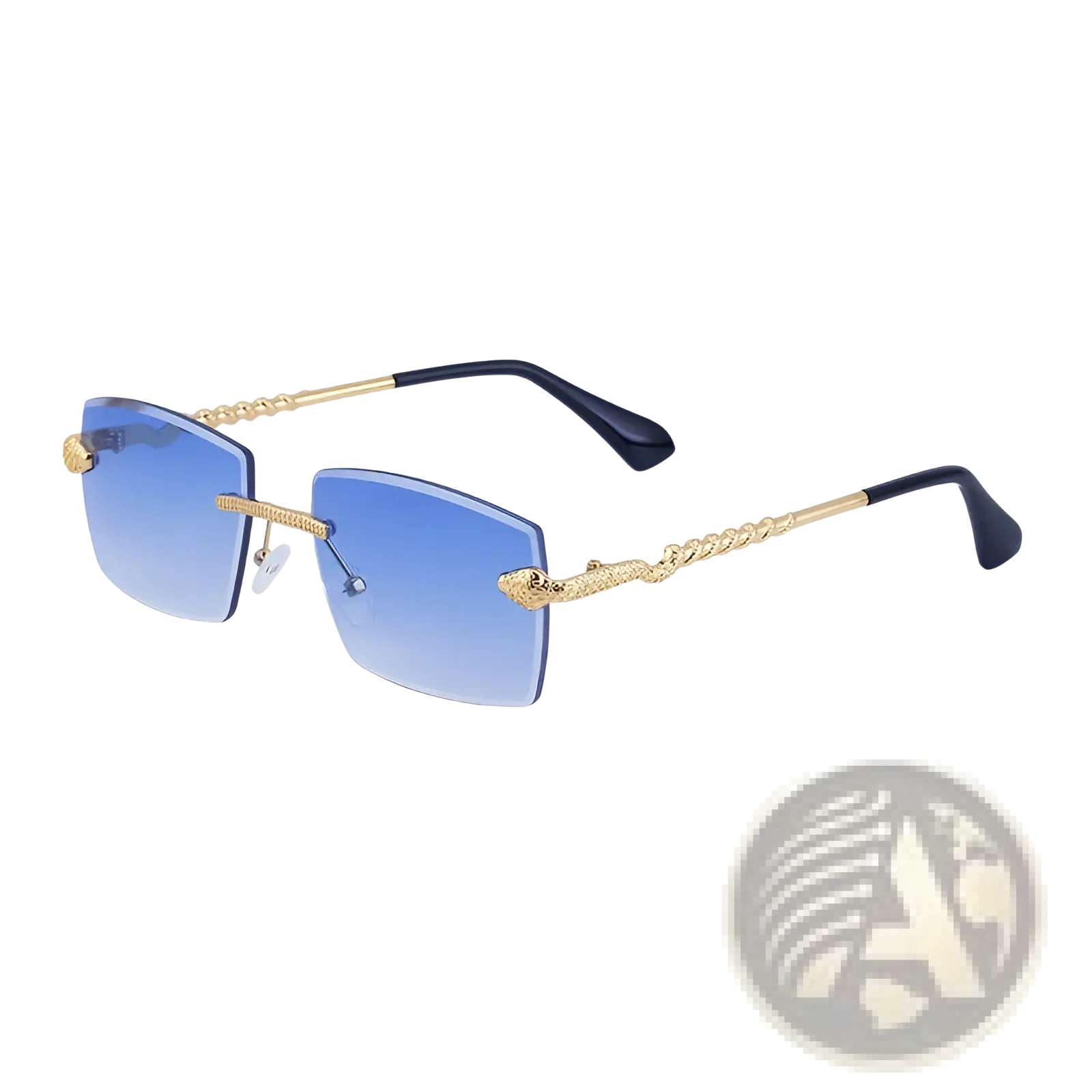 Rimless sunglasses for men with blue gradient lenses gold twisted metal frames and black temple tips uv400 protection