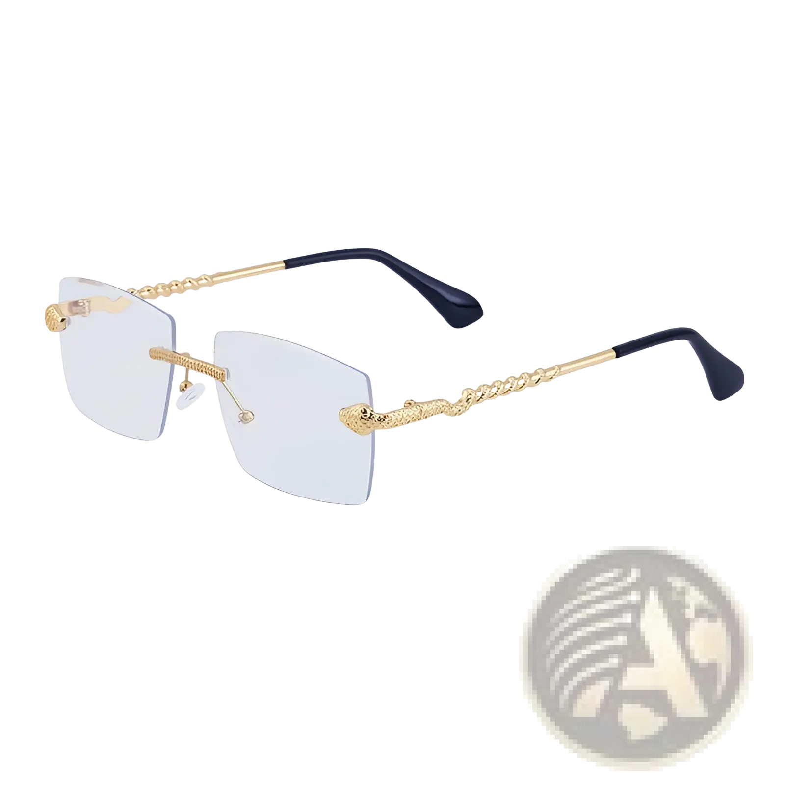 Rimless sunglasses for men with gold snake embellishment translucent light blue lenses and navy temple tips uv400 protection