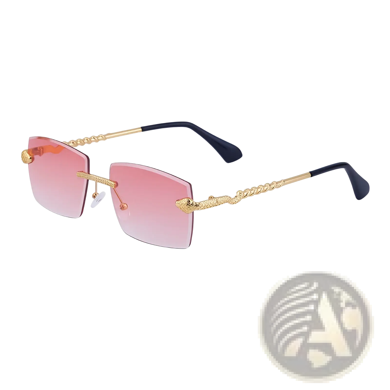 Rimless sunglasses for men with gold-toned snake-embossed frame, gradient pink lenses, and black temple tips ux400 protection