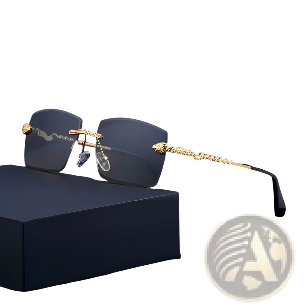 Rimless sunglasses for men with gold-toned snake-embossed frame, dark gray uv400 lenses, and black temple tips