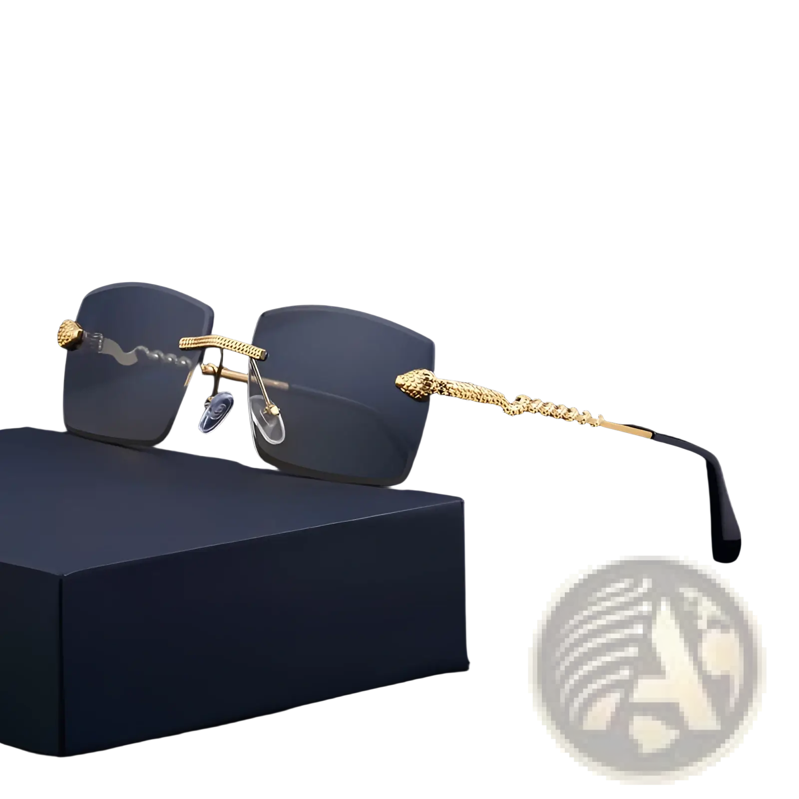 Rimless sunglasses for men with gold-toned snake-embossed frame, dark gray uv400 lenses, and black temple tips