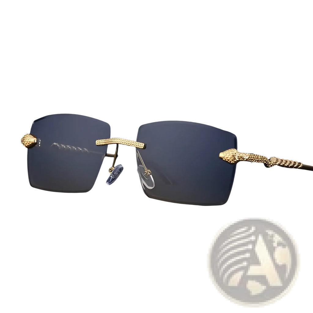 Rimless sunglasses for men with gold-toned snake design textured metal and gradient gray uv400 lenses