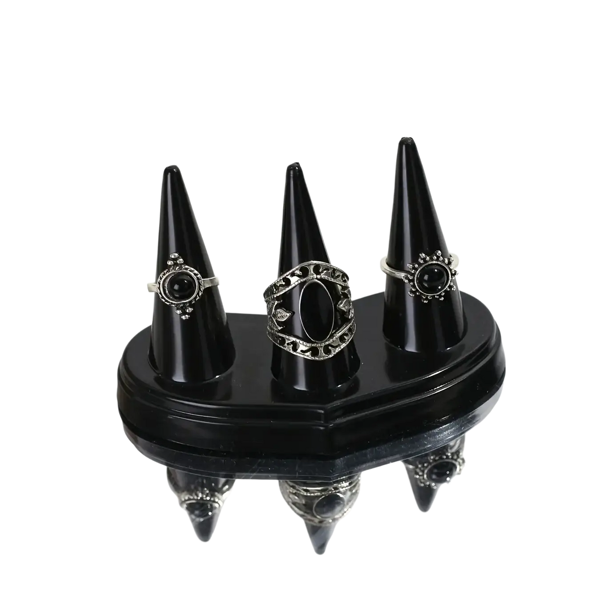Black plastic conical ring holder display stand with three silver-toned rings featuring black onyx and filigree designs