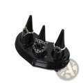 Black plastic glossy ring holder with three conical stands displaying silver ornate rings with black oval gemstones