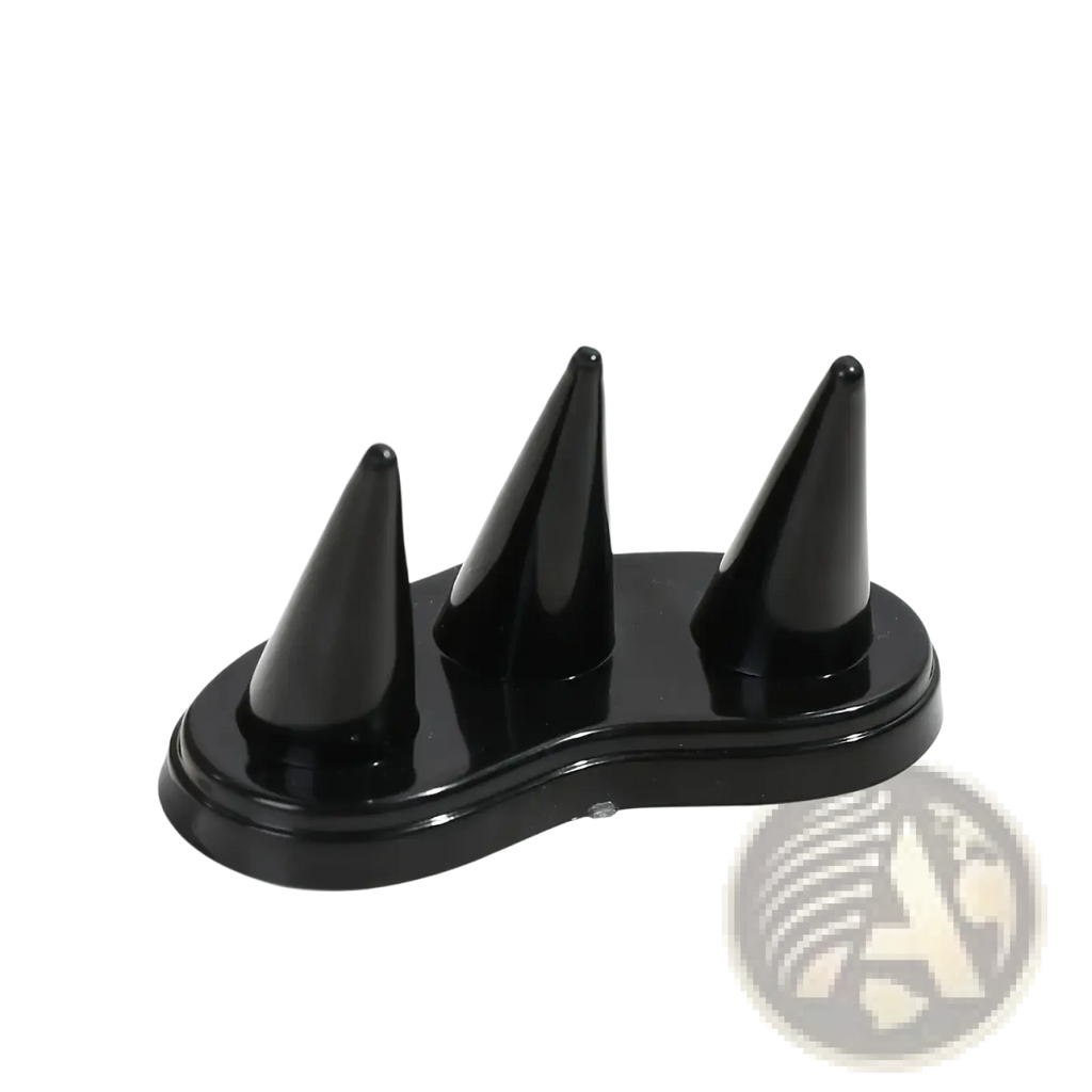Black glossy plastic ring holder with three conical spikes for display and organization purposes