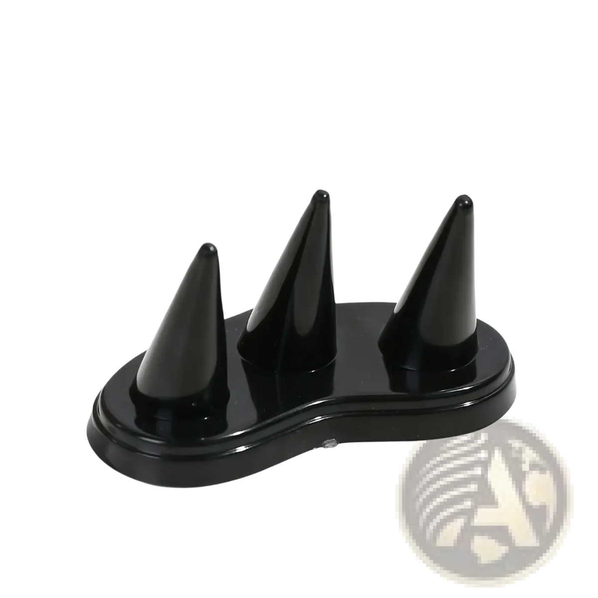 Black glossy plastic ring holder with three conical spikes for display and organization purposes