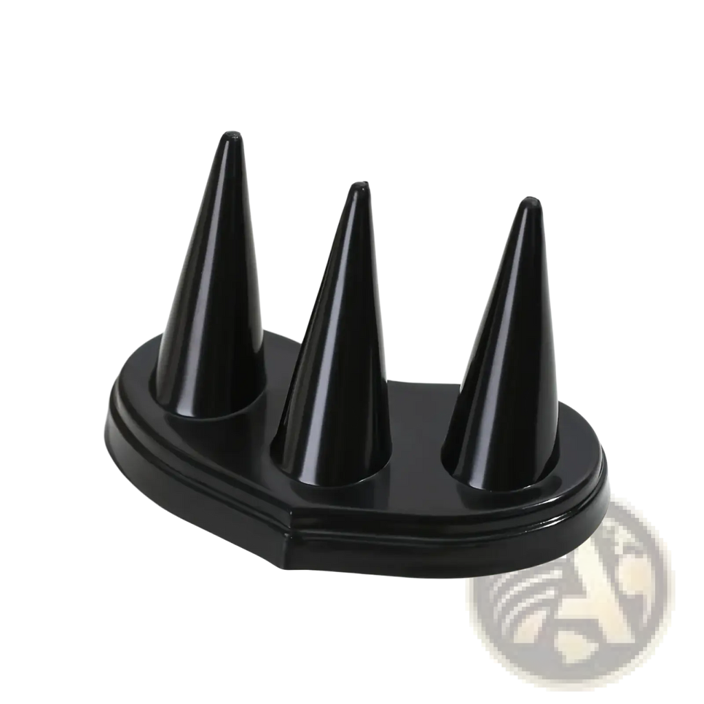 Black glossy three-pronged ring holder black plastic conical display stand with a sleek modern design for jewelry display