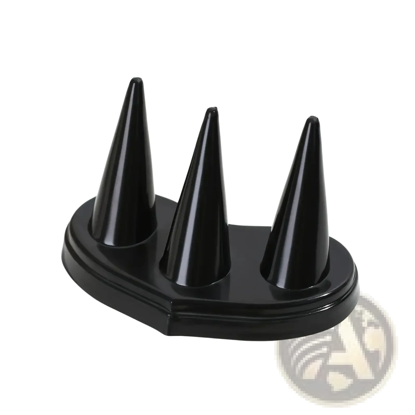 Black glossy three-pronged ring holder black plastic conical display stand with a sleek modern design for jewelry display