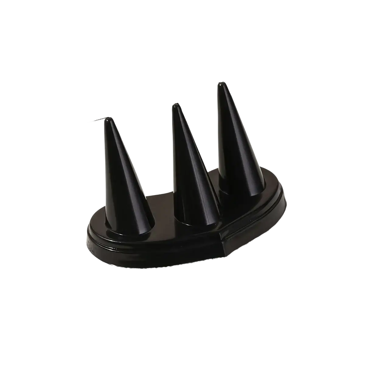 Black plastic ring holder with three conical spikes for displaying rings securely on a display stand