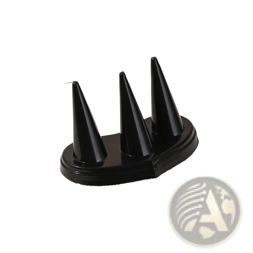 Black plastic ring holder with three conical spikes for displaying rings securely on a display stand