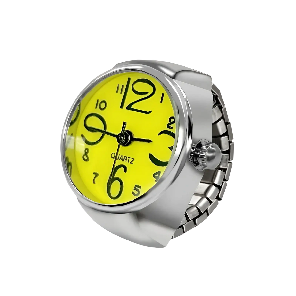 A bright yellow quartz ring watch with bold black numerals and an adjustable silver-toned metal band