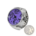 Silver-toned ring watch quartz finger jewelry with vibrant purple dial and bold black Arabic numerals