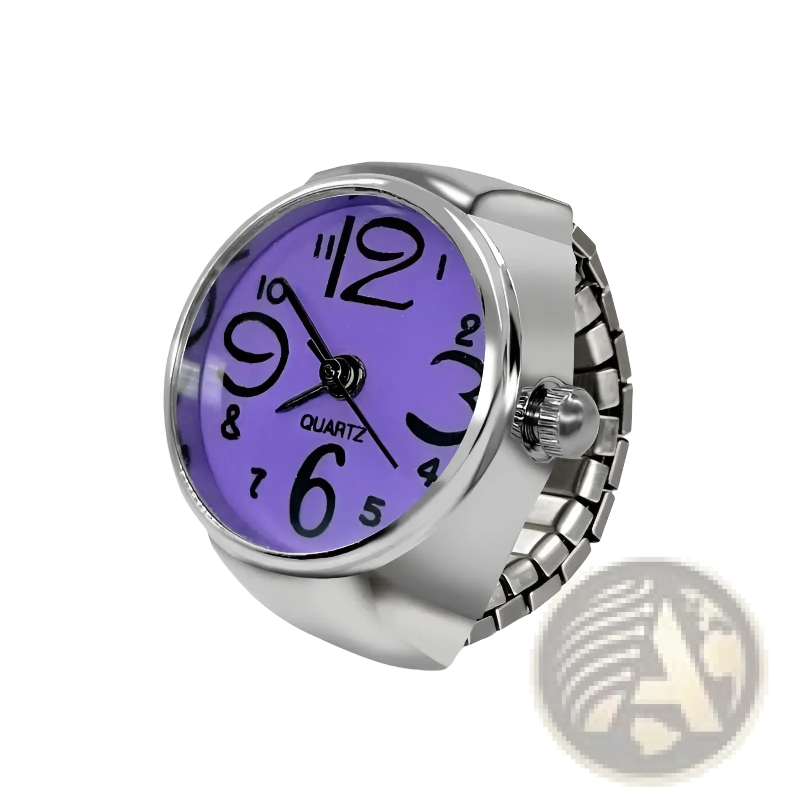 Silver-toned ring watch quartz finger jewelry with vibrant purple dial and bold black Arabic numerals