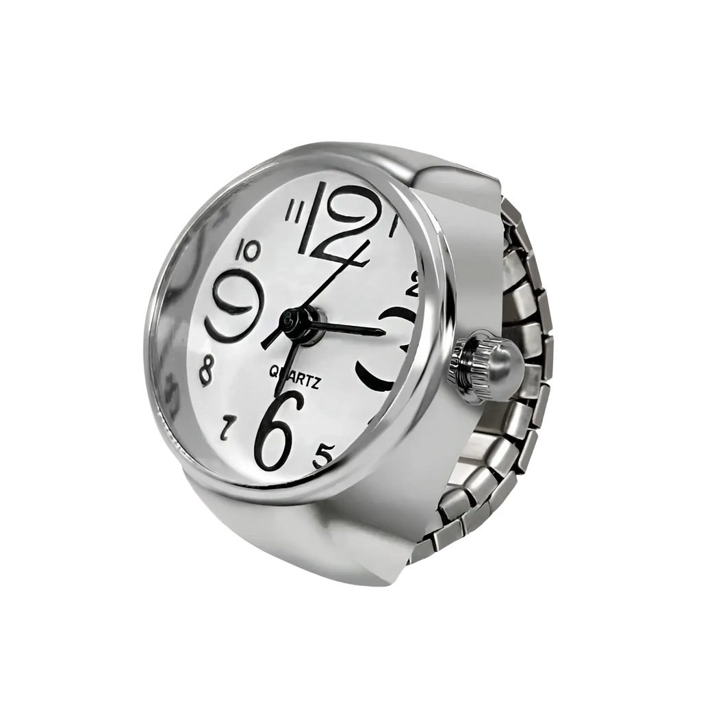 Silver-toned ring watch quartz finger jewelry with white dial black arabic numerals and flexible metal band